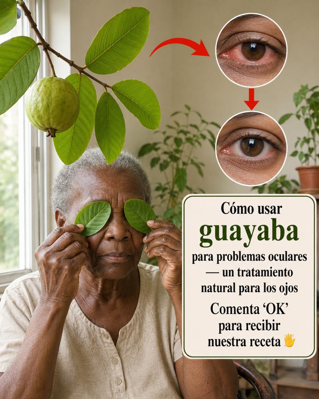 Mujer sosteniendo hojas de guayaba sobre sus ojos