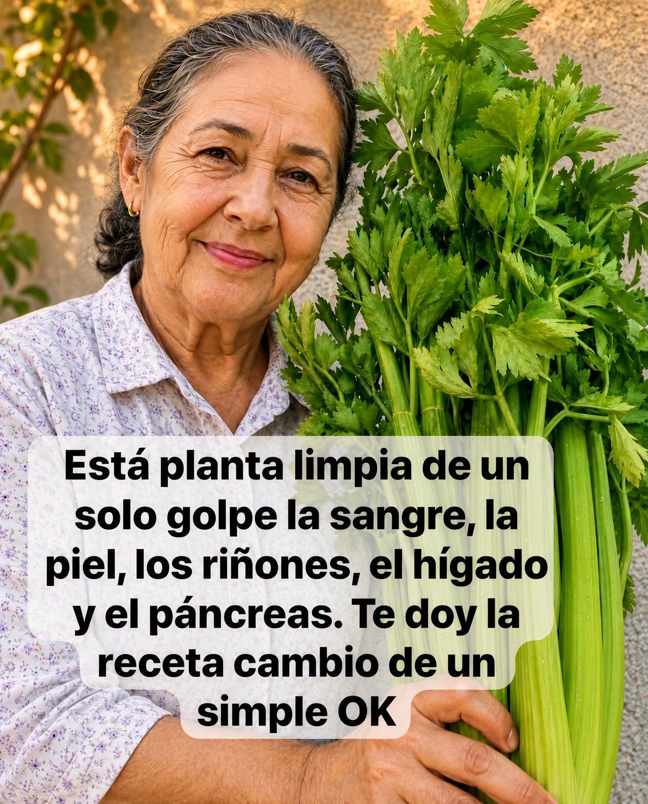 Mujer sosteniendo un manojo de apio