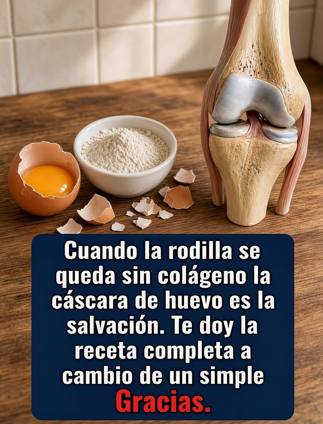 Rodilla, huevo partido y cáscara de huevo